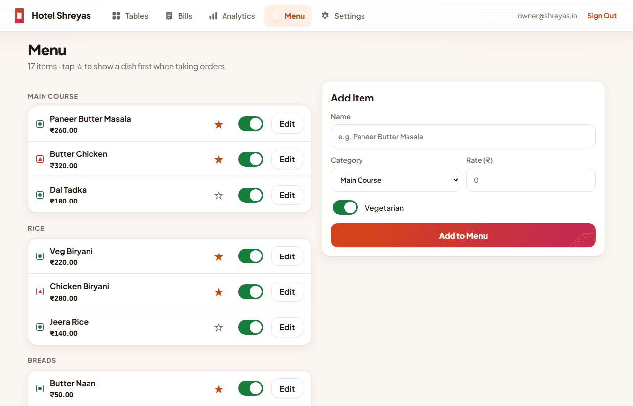 Hotel Billing menu management screen