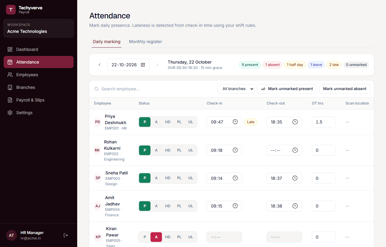 Payroll daily attendance marking