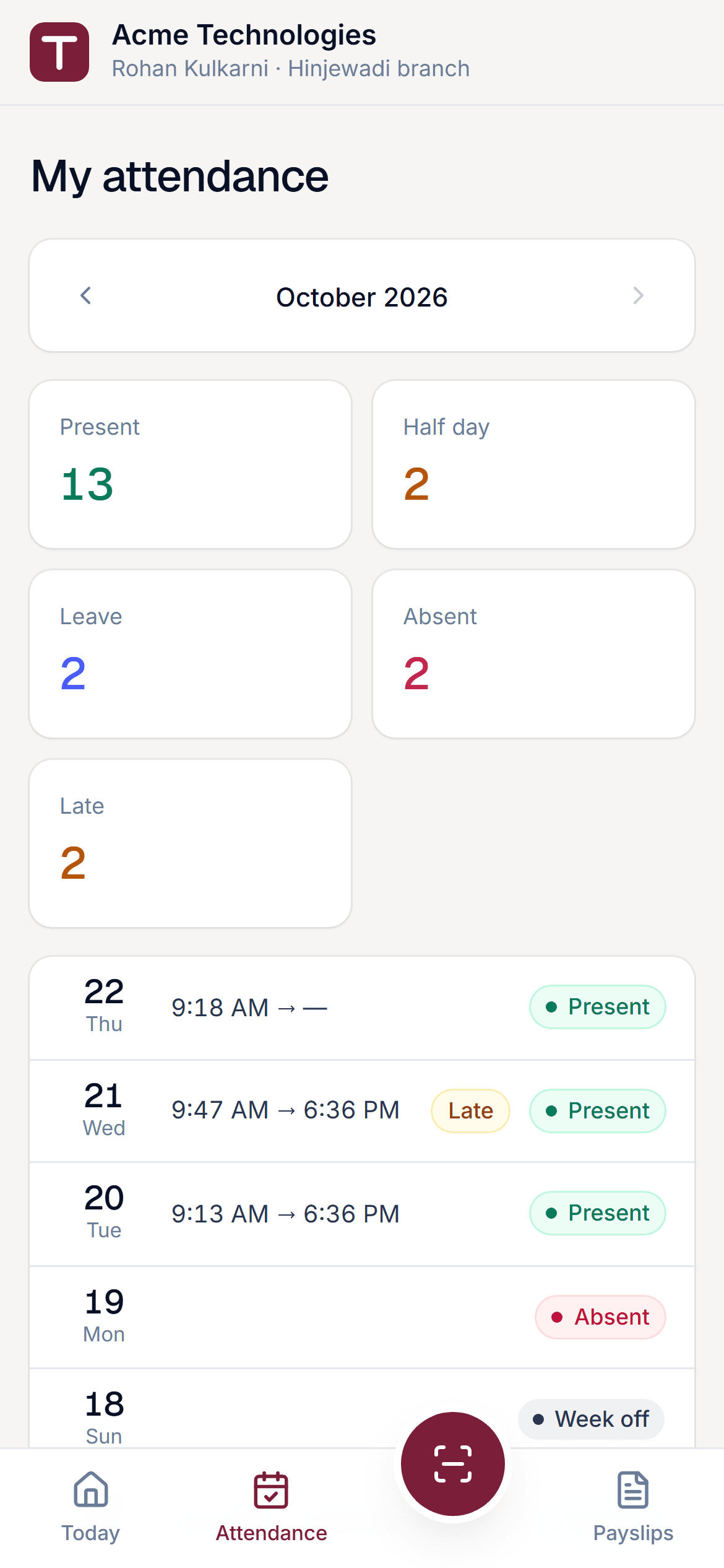 Payroll employee attendance screen