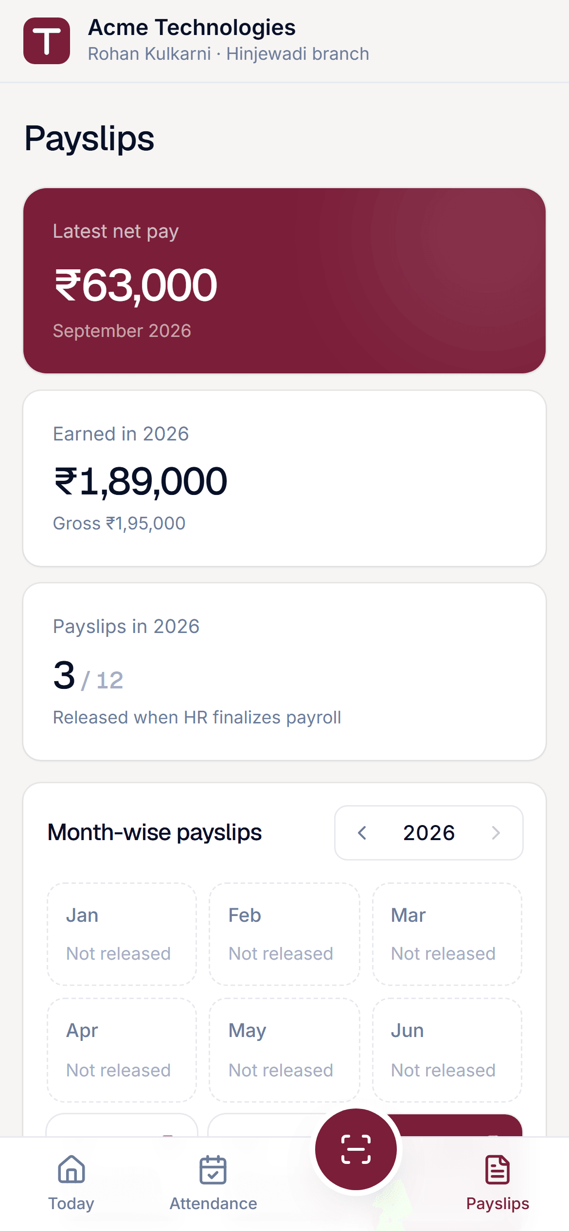 Payroll employee payslips screen