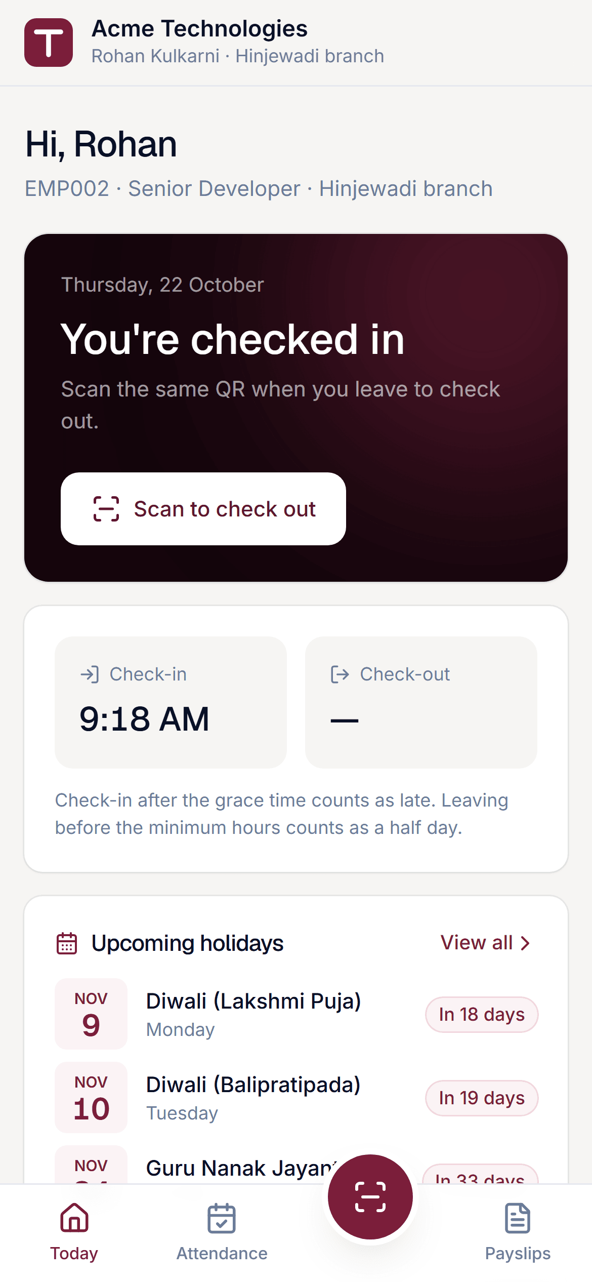 Payroll employee app today screen